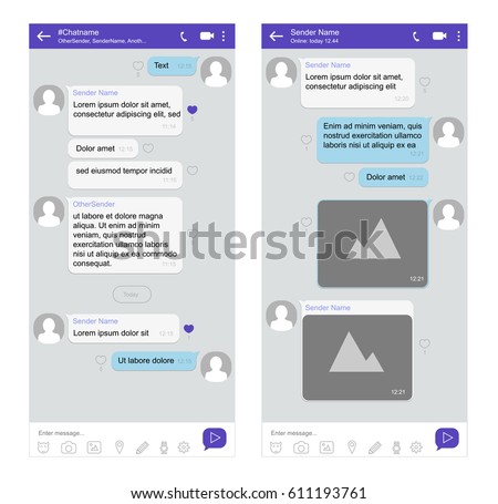 Mobile phone chat interface with speech bubbles for short messages. Vector design template