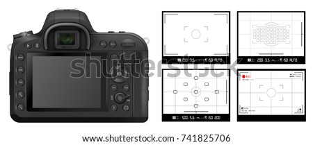 DSLR camera back side vector illustration and viewfinder grid background set