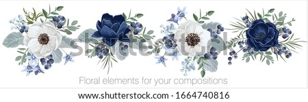 Vector floral set with leaves and flowers. Elements for your compositions, greeting cards or wedding invitations. Blue and white anemones