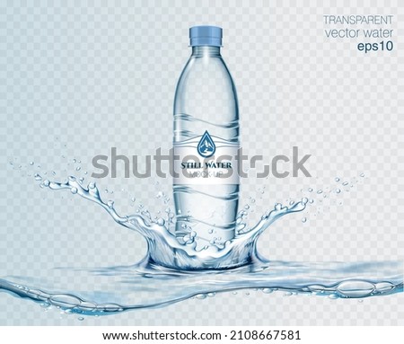 Transparent realistic vector mineral water plastic bottle for your advertising with water splash and drops. Blue background 