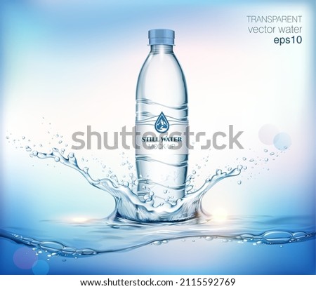 Transparent realistic vector mineral water plastic bottle for your advertising with water splash and drops. Blue background 