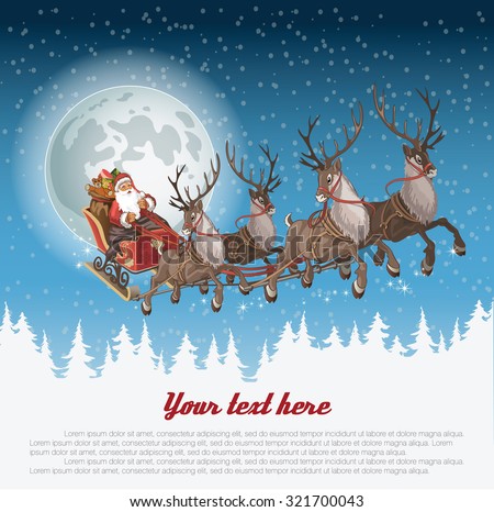 Christmas background with Santa driving his sleigh across the face of the moon on winter night and copyspace for your text