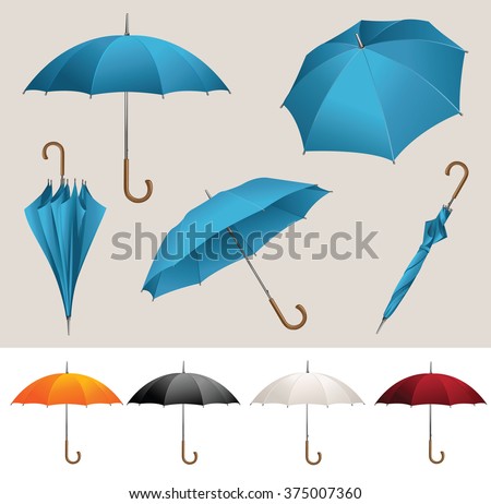Collection of opened, folded, top view vector blue umbrellas 