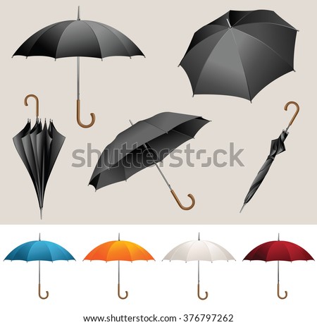 Collection of opened, folded, top view vector black umbrellas 