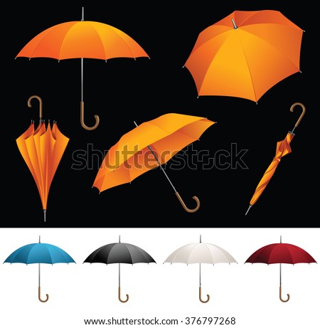 Collection of opened, folded, top view vector orange umbrellas