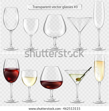 Set of transparent vector glass goblets for wine bar. Drinks of wine, brandy, champagne, martini 