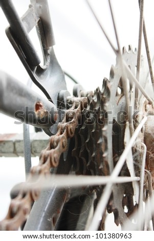 Stock Photo: Rear racing bike cassette on the wheel with chain