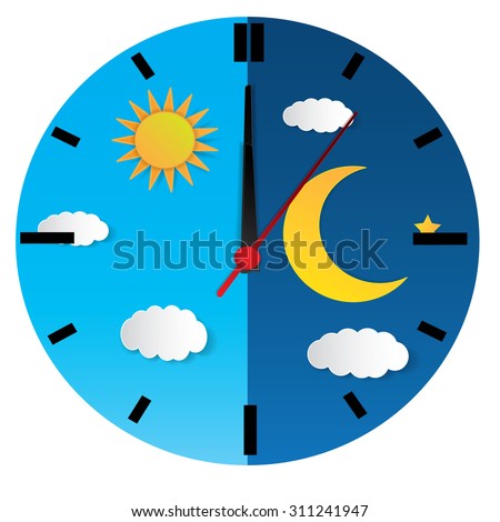 Clock With Day Night Concept Clock Face Vector Illustration. Blue Sky ...