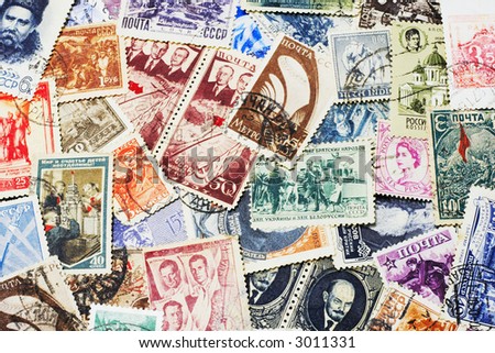 shot of the random collection of soviet postal stamps (1920-1980s)