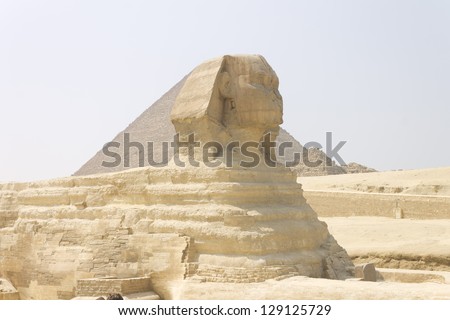 The Great sphinx with the Pyramid of Khufu in the background
