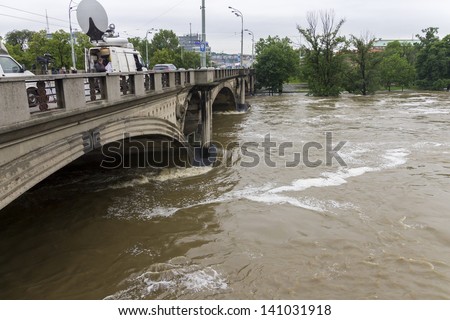 PRAGUE - JUNE 3: Massive raining caused flooding in Prague on june 3, 2013 in Czech republic. Rising Vltava river forced several parts of the city to be evacuated or to be ready for evacuation.