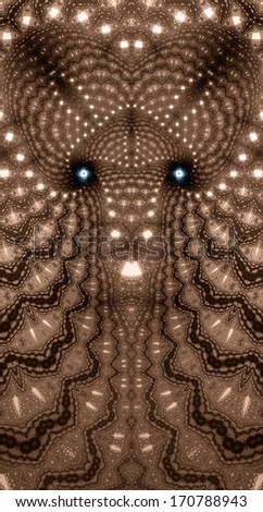 Abstract fractal alien background in brown color and shining blue eyes