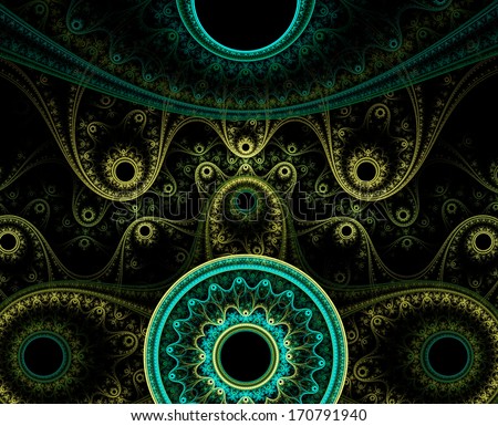Abstract circular green and yellow pattern on a black background