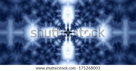 Detailed high resolution fractal background with a flower-like or star-like pattern on it in blue and white colors