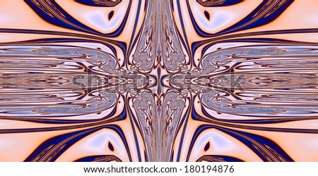 Abstract fractal background with a detailed balanced wavy texture connected to a central decorative flower pattern in orange and purple colors