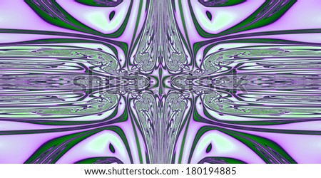 Abstract fractal background with a detailed balanced wavy texture connected to a central decorative flower pattern in pink and green colors