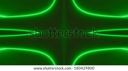 Abstract fractal background made out of glowing curved lines and a central cross in bright green color