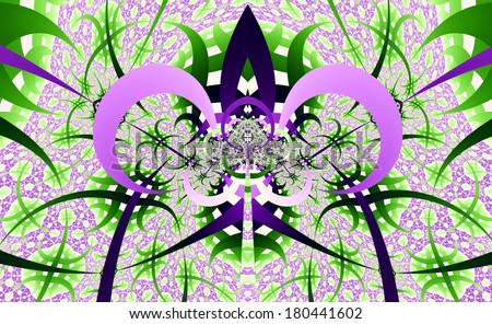 Abstract fractal design with sharp pillars and detailed pattern and various interconnected lines and semicircles creating a shape of a crown in green and pink colors