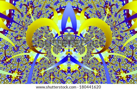 Abstract fractal design with sharp pillars and detailed pattern and various interconnected lines and semicircles creating a shape of a crown in yellow, blue, red and purple colors