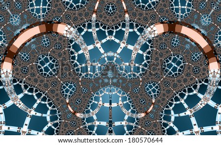 Bronze and blue fractal background with a detailed abstract interconnected spherical grid pattern in high resolution