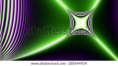 High resolution abstract fractal star (cross) background with a detailed descending wavy pattern and a glowing square-like star (cross) in green and pink colors