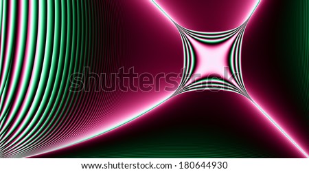 High resolution abstract fractal star (cross) background with a detailed descending wavy pattern and a glowing square-like star (cross) in pink and green colors