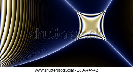 High resolution dark abstract fractal star (cross) background with a detailed descending wavy pattern and a square-like dark star (cross) in blue and yellow colors