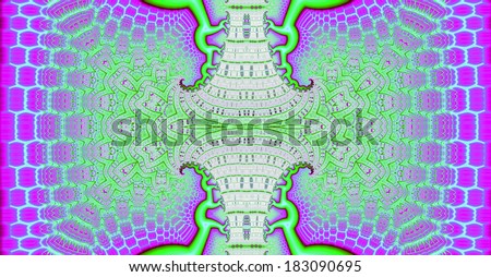 Light pink and green abstract fractal background with a detailed balanced branching pattern and a central trunk decorated with a detailed leafy pattern