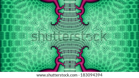 Green and dark pink abstract fractal background with a detailed balanced branching pattern and a central trunk decorated with a detailed leafy pattern