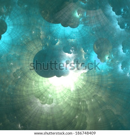 Abstract fractal nebula background in high resolution with a shining star-like center in cyan and green colors