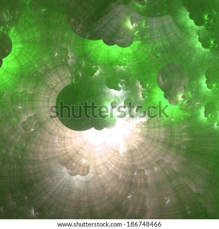 Abstract fractal nebula background in high resolution with a shining star-like center in green and yellow colors