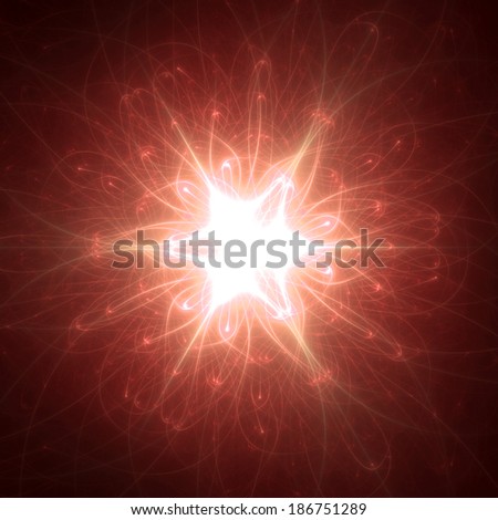 Abstract red beaming detailed star with six corners against dark background