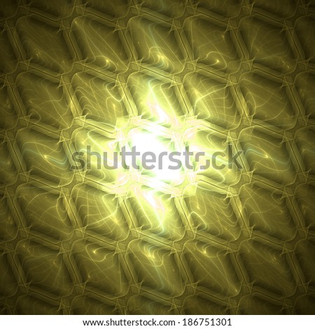 Abstract tile background with hexagonal crystal-like tiles with bright white shining center and surrounding yellow background