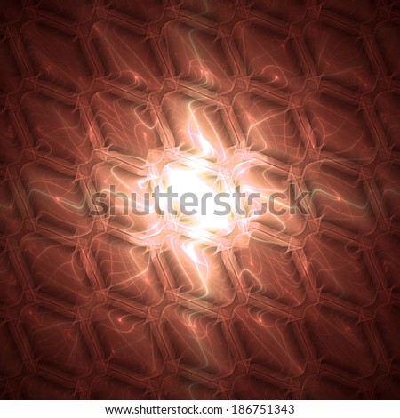 Abstract tile background with hexagonal crystal-like tiles with bright white shining center and surrounding red background