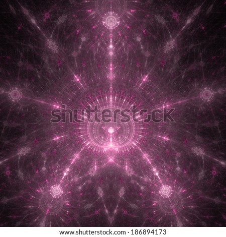 Abstract fractal background with a large central distorted star-like shape and decorative star-like circular structures surrounding it in pink