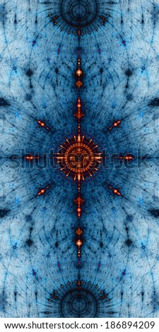 Abstract high resolution star pattern with decorative beams surrounding the center in red color and against blue background