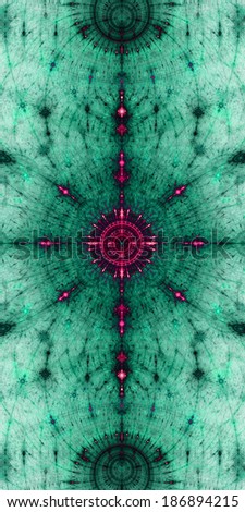 Abstract high resolution star pattern with decorative beams surrounding the center in dark pink color and against green background
