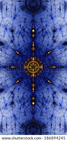 Abstract high resolution star pattern with decorative beams surrounding the center in yellow color and against blue background