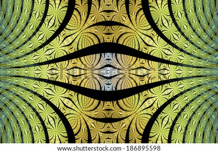 Abstract high resolution fractal wavy background with a detailed interconnected pattern made out of decorated arches in yellow and green colors against black background