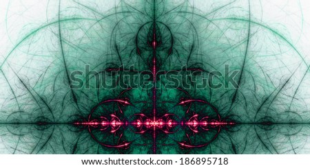 Abstract tower-like background with a shining star-center and a detailed decorative pattern in red and green colors against light background and in high resolution