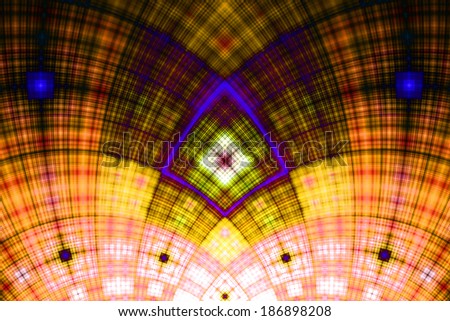 Abstract fractal arch with a detailed square grid pattern in yellow, orange, pink and purple colors and in high resolution