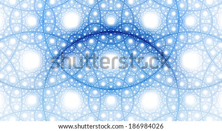 Abstract fractal background with a detailed pattern consisting out of interconnected rings and circles in blue color against white background