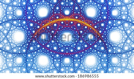 Abstract fractal background with a detailed pattern consisting out of interconnected rings and circles in blue and red colors against white background