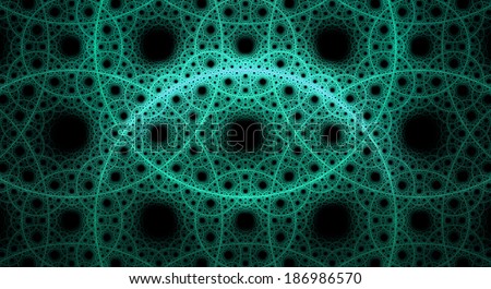 Abstract fractal background with a detailed pattern consisting out of interconnected rings and circles in cyan color against black background