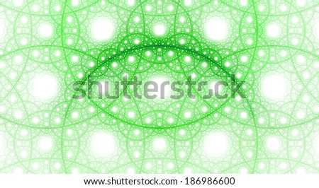 Abstract fractal background with a detailed pattern consisting out of interconnected rings and circles in light green color against white background