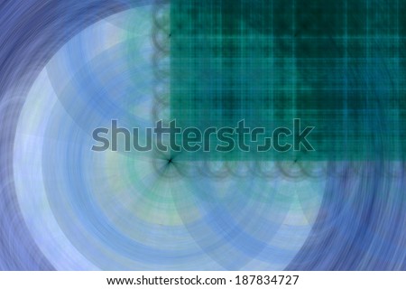 Abstract fractal background in high resolution with a dark detailed green grid pattern in the right upper corner coming out of the center of a decorative circular pattern in light blue and green