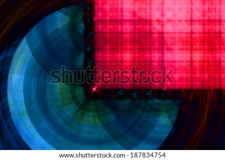 Abstract fractal background in high resolution with a dark pink grid pattern in the right upper corner coming out of the center of a decorative circular pattern in can and blue