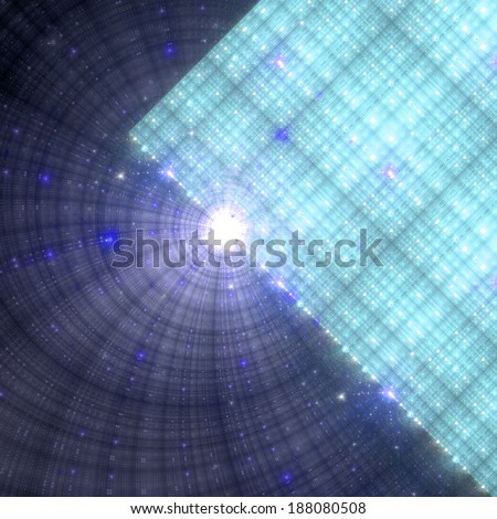 Abstract fractal background with a large star in the middle partly behind a solid mass with a decorative grid pattern on the right, all in light blue