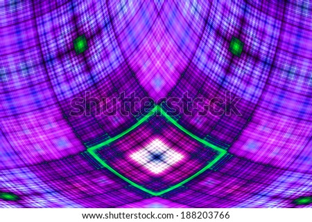 Abstract fractal cross with a detailed square grid pattern in pink-purple and green colors and in high resolution