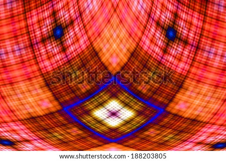 Abstract fractal cross with a detailed square grid pattern in red, orange and purple colors and in high resolution
